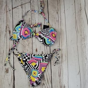 Kara and Kate racing flag '80s style bright printed string bikini Medium
